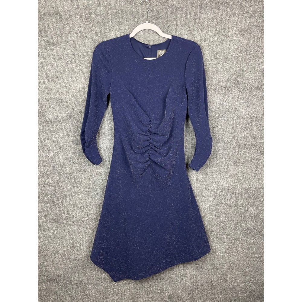 Vince Camuto Ruched Metallic Dress Womens 6 Navy Blue Excellent Asymmetric Hem